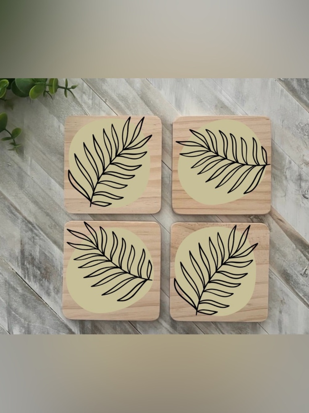 Botanical Leaf Wooden Coaster Set - Neutral Green & Black